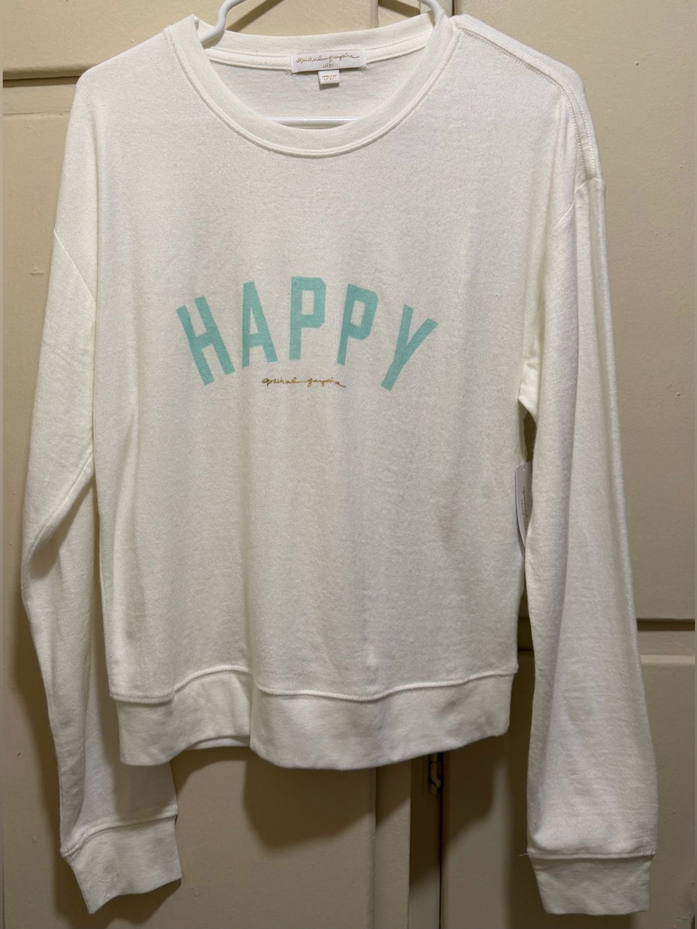 New Spiritual Gangster "Happy" Crewneck Sweatshirt - White/Turquoise. Large
